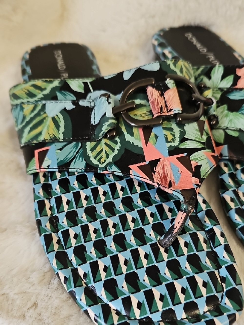 Donald J. Pliner Floral Print Slide Sandals in Black, Green and Pink - Picture 3 of 7